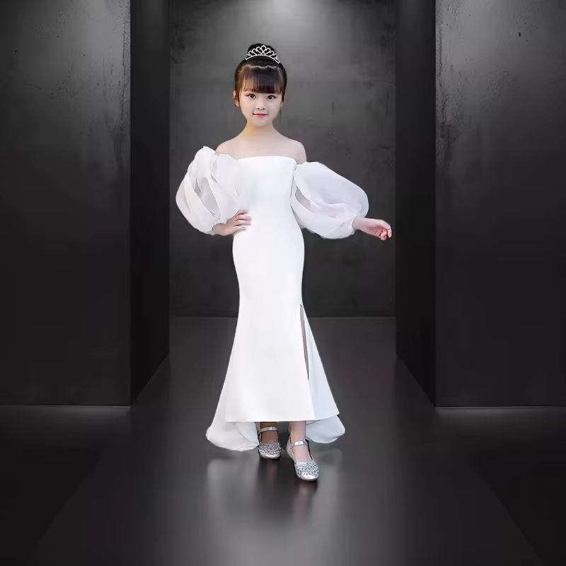 Robe sirène blanche sans bretelles pour filles avec traîne, tenue de cérémonie pour fête, costume de