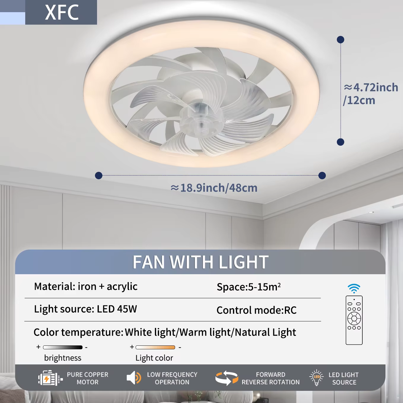Plafonnier LED mince avec ventilateur de plafond de 48 cm, avec éclairage, faible bruit, suspension 