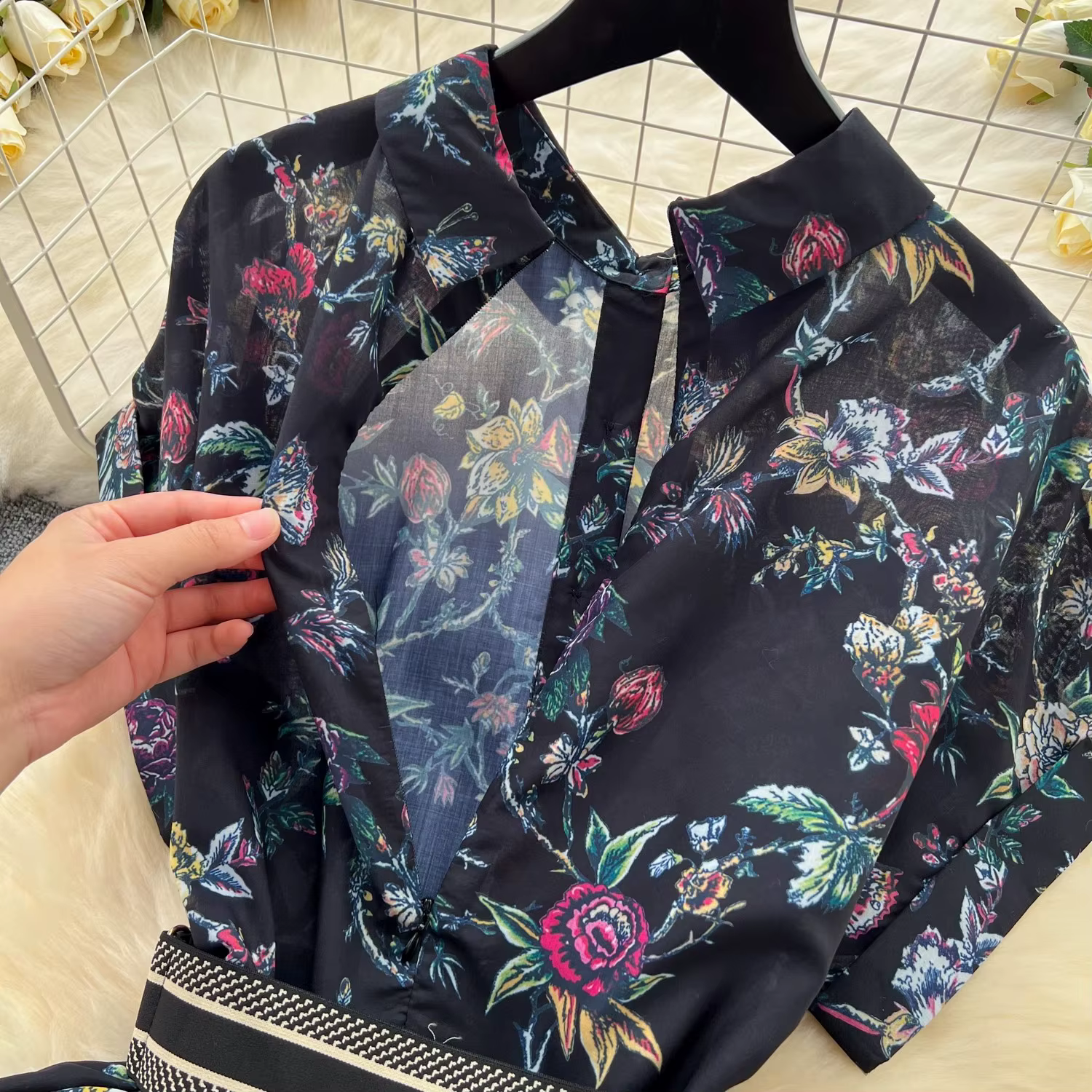 Robe à Revers à Imprimé Floral pour Femme, Vêtement Français Vintage, Manches Courtes, Taille Haute,