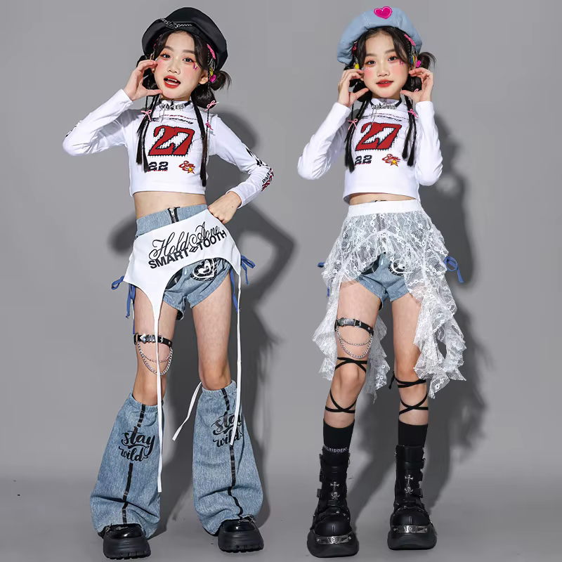 Vêtements de danse Kpop pour filles, tenue de spectacle de jazz sur scène, haut court blanc, short e