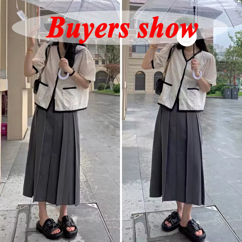 Jupe Longue Plissée Noire et Grise pour Femme, Style Japonais, Taille Haute, Midi, Streetwear de Bur