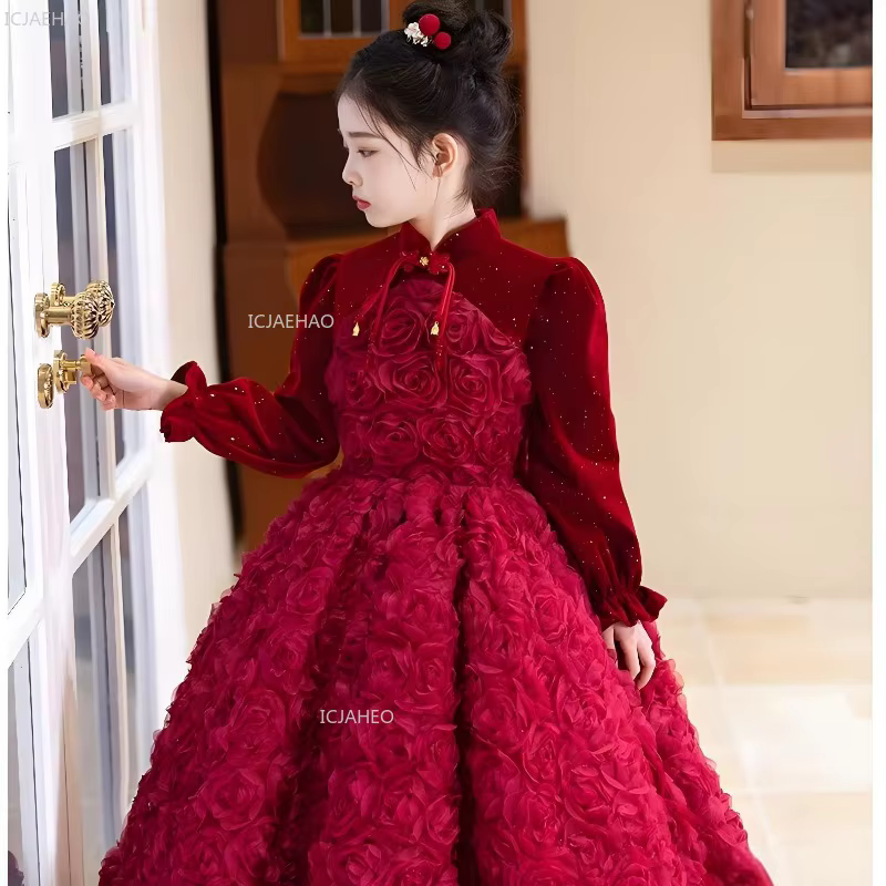 Robe de soirée formelle vintage bordeaux à manches longues pour filles, robe de princesse florale po