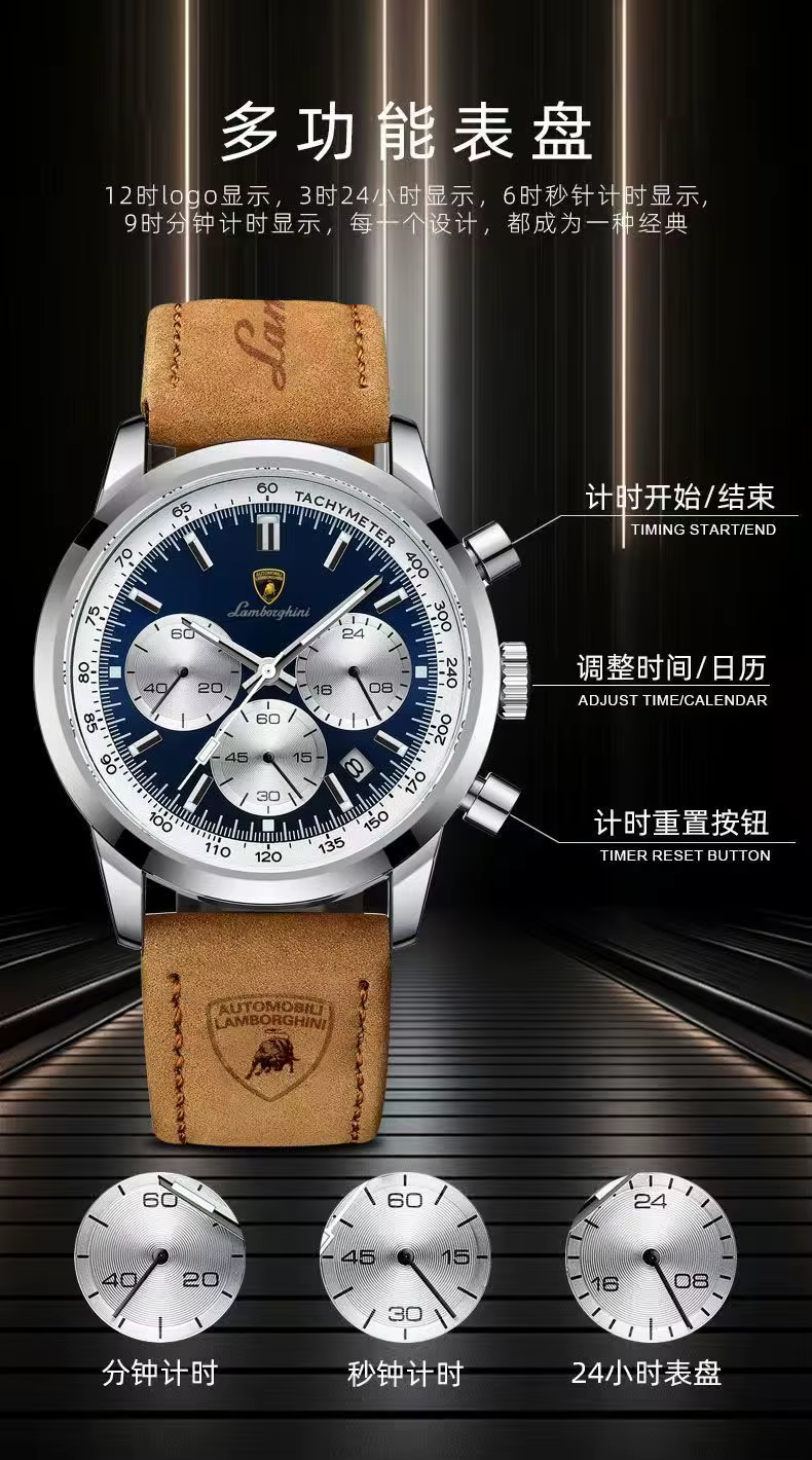 Montre multifonctionnelle Lamborghini 921 pour homme et femme avec calendrier, montre à quartz, lumi
