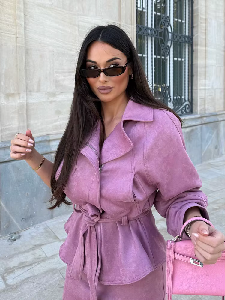 HH 2026 Nouvelle Collection Femme : Ensemble Élégant Veste Courte Unie à Fermeture Éclair Asymétriqu