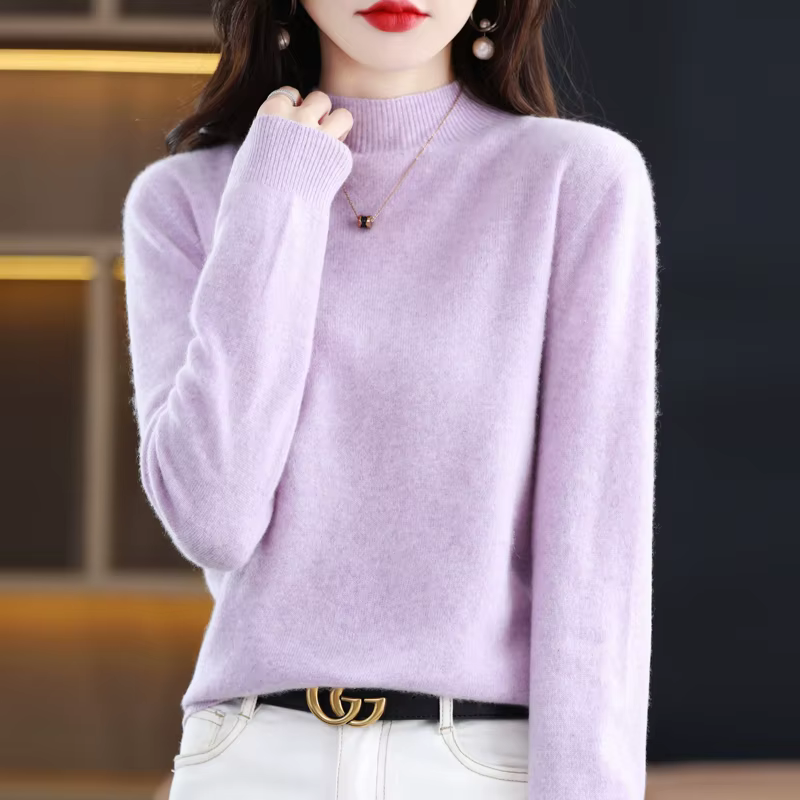 Pull en laine mérinos pour femme, pull sans couture, pull à col mi-haut, base décontractée, cachemir