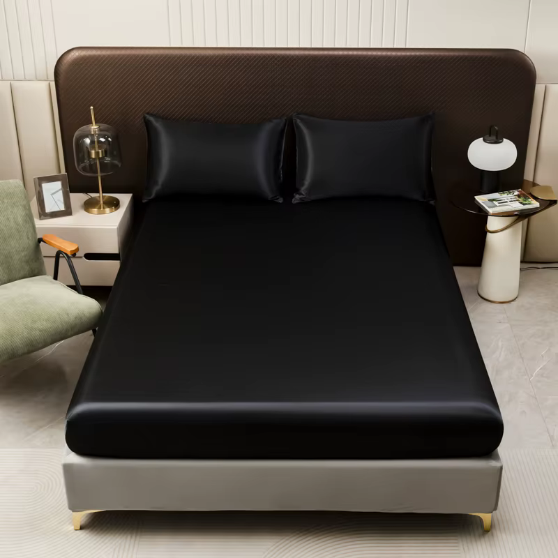 Drap-housse en Satin de couleur unie, housse de matelas double en soie glacée, Queen, naturel avec b