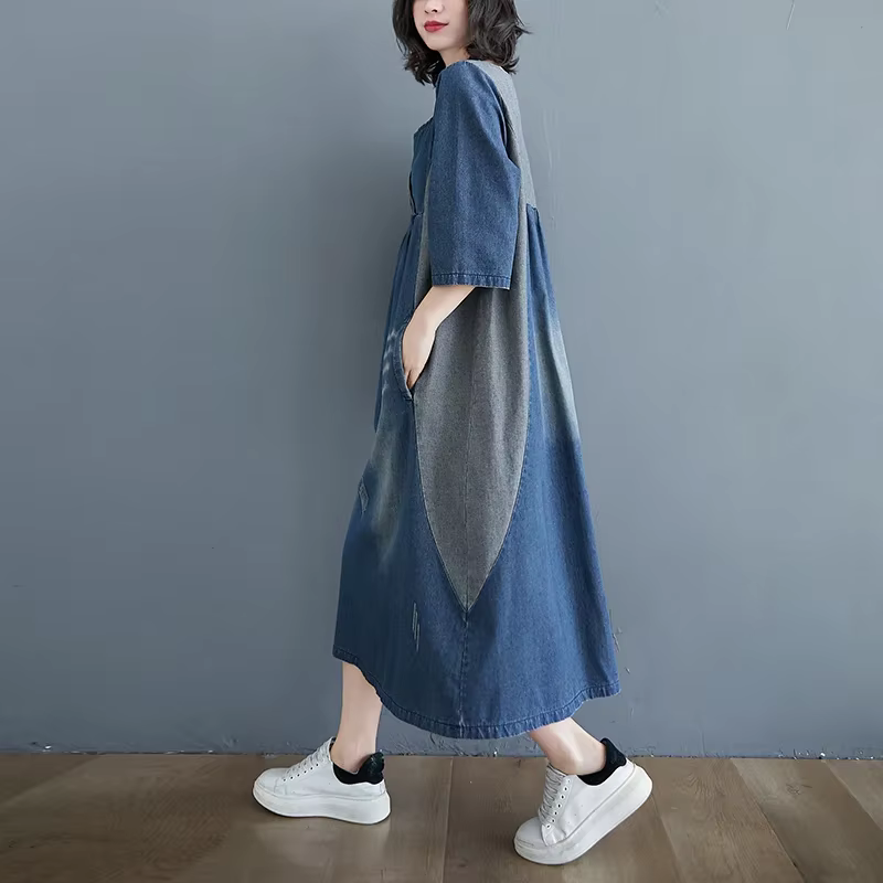 Robe en denim vintage pour femme, patchwork simple, longueur genou, rayures Wiltshire, manches trois