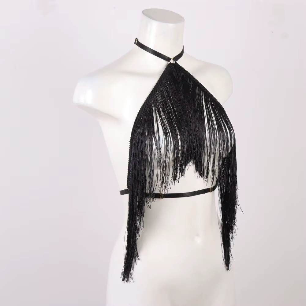 Haut licou à pampilles noires pour femmes, harnais élastique réglable, vêtements toutes saisons, hau