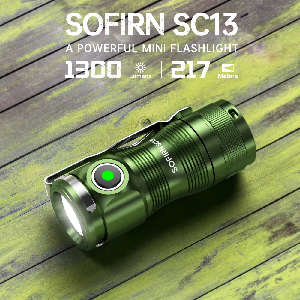 Lampe torche tactique miniature SOFIRN SC13 noire et verte 519A/SST40 LED 1300lm 18350 6000K, lampe