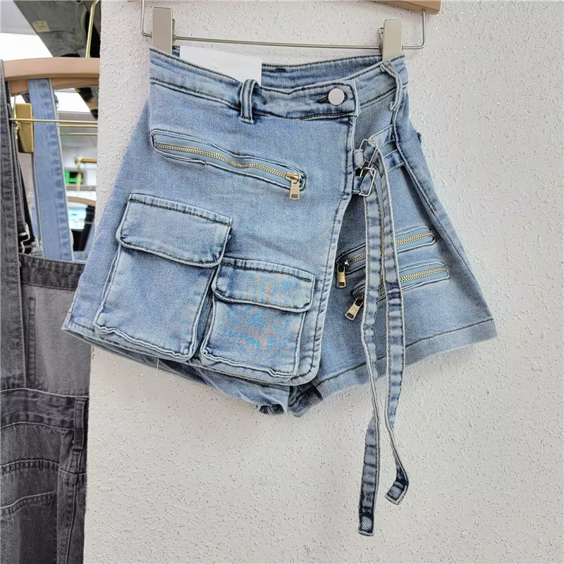 Jupe en jean pour femmes, jupe-culotte Cargo, irrégulière, délavée, taille haute, plusieurs Y2k, Pun