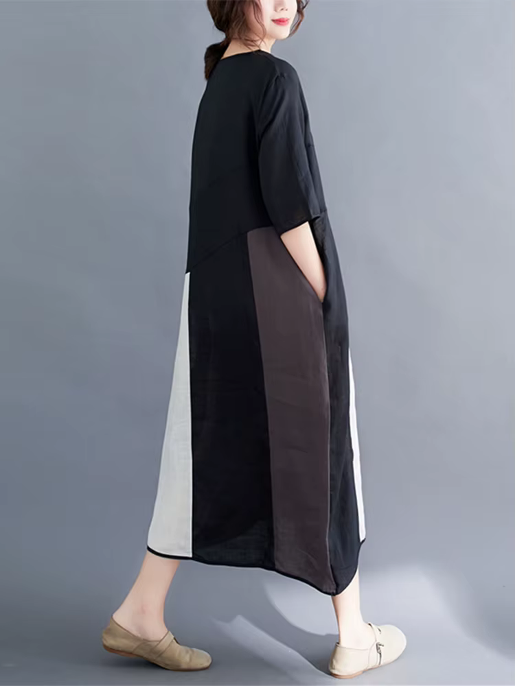 Robes en coton et lin vintage à contraste de couleurs pour femmes, nouvelle robe d'été décontractée