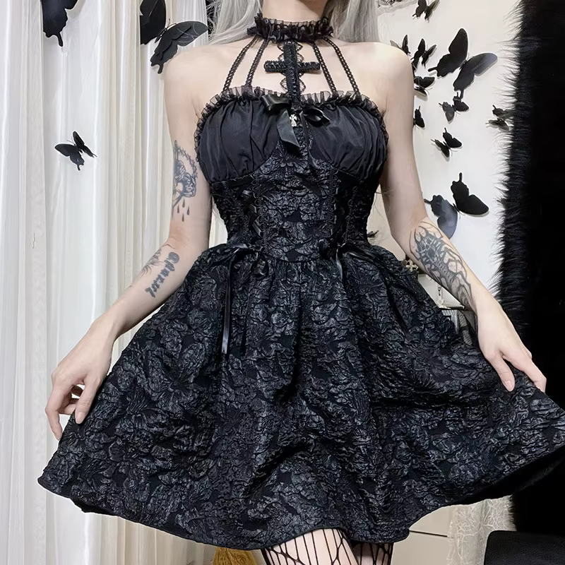 Mini robe gothique noire vintage pour femmes, robes taille haute, bretelles spaghetti sexy, punk gru