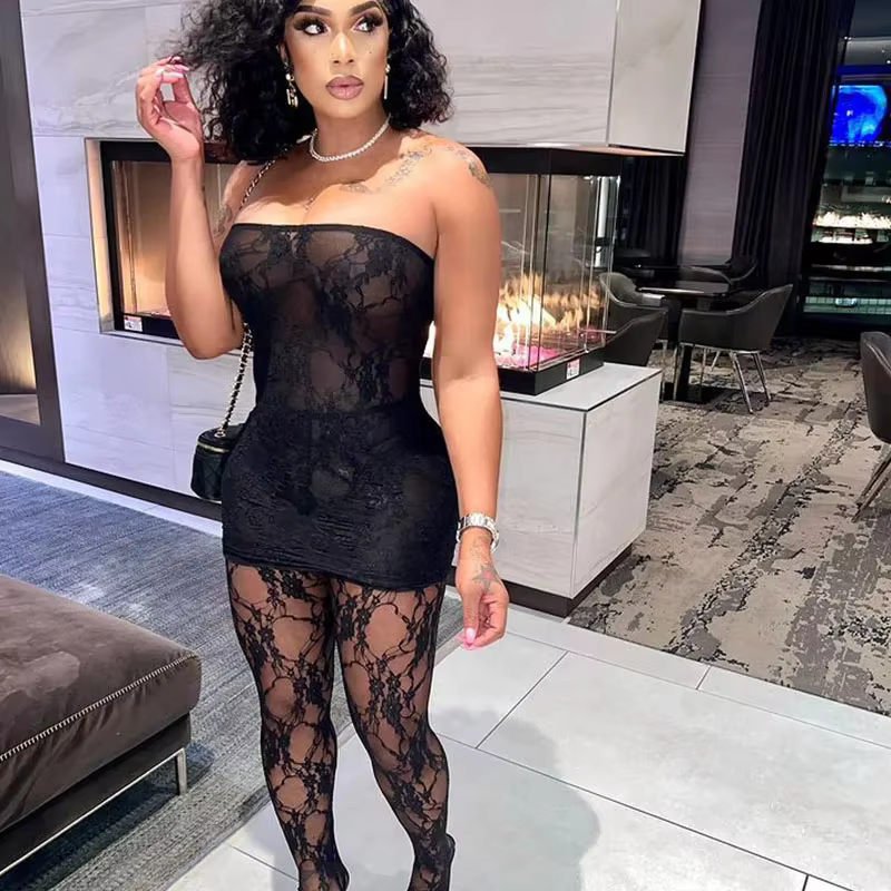 Tenues de boîte de nuit sexy pour femmes, ensemble 2 pièces, vêtements de festival, tube en dentelle