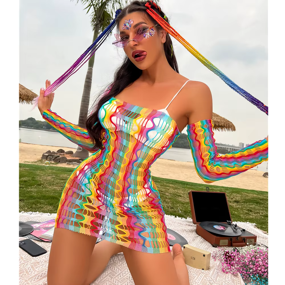 Body en résille arc-en-ciel pour femmes, haut tubulaire, transparent, bas en maille ajourée, Lingeri