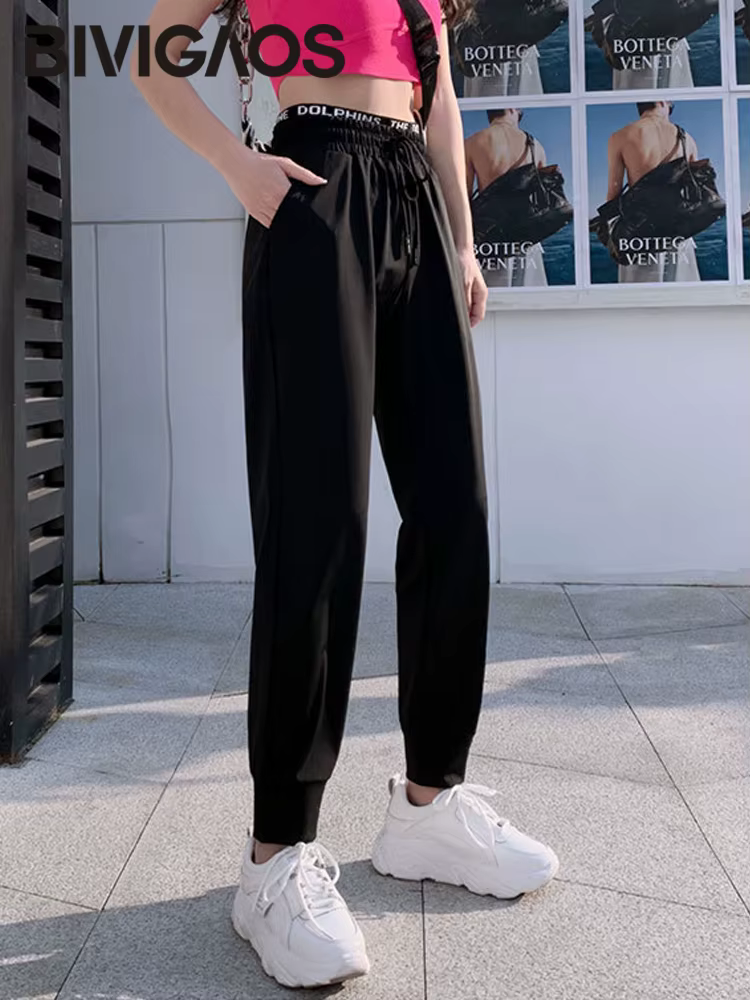 BIVIIncome-Pantalon de survêtement noir décontracté Ice InjSports pour femme, pantalon de jogging, s