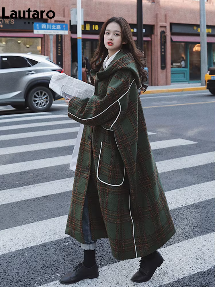 Lautaro-Combinaison Femme avec Capuche, Patchwork Blanc Chaud, Plaid Laine Mélanges, Mode Coréenne,