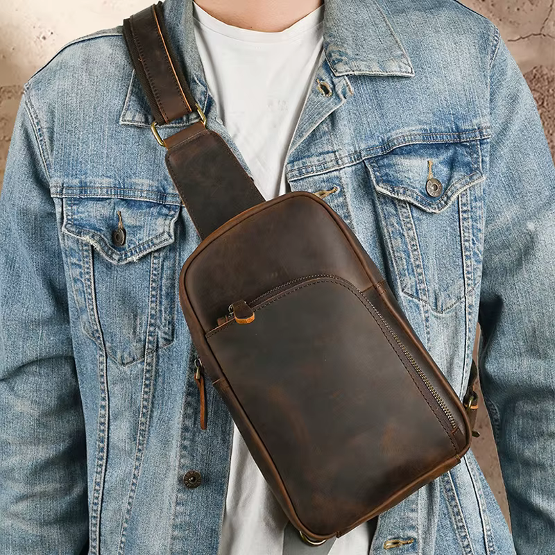 Sac de poitrine en cuir décontracté pour hommes, sacs de poitrine rétro pour hommes, sac à bandouliè