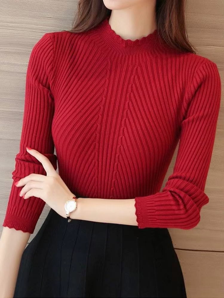 Pull tricoté décontracté à col montant et volants pour femme, manches longues, uni, à rayures, colle