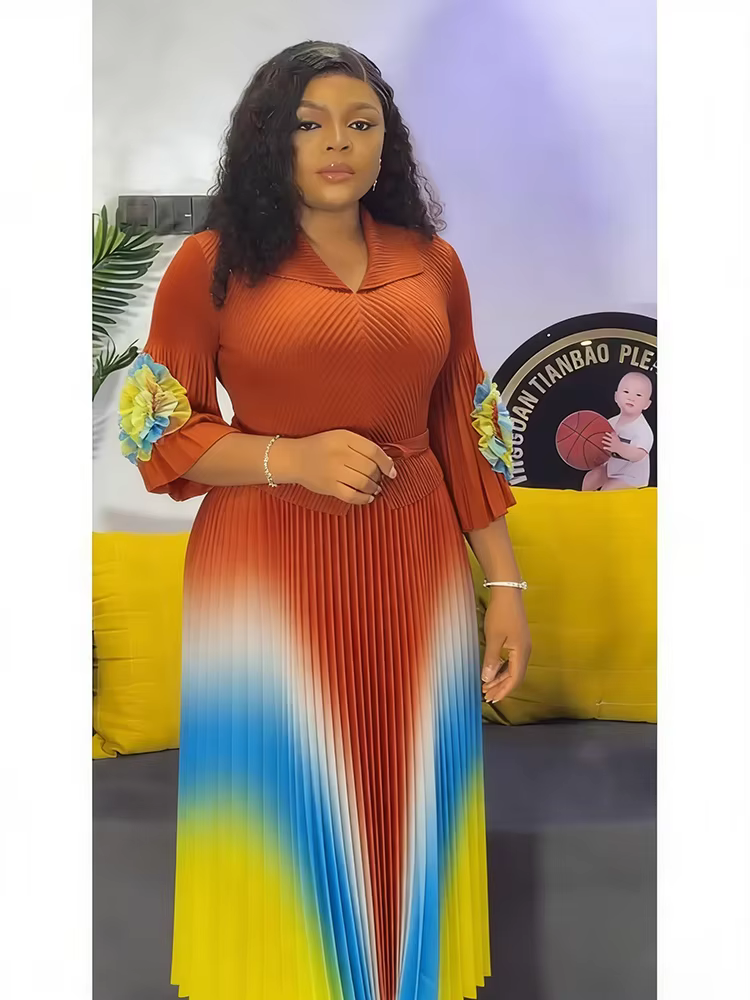 EGRM – robe Miyaki à revers, manches lanternes, ceinture, taille amincissante, dégradé plissé, jupe