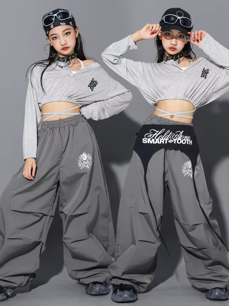 Crop top à lettres K-pop pour filles, pantalon cargo, streetwear pour enfants, costume de groupe de 