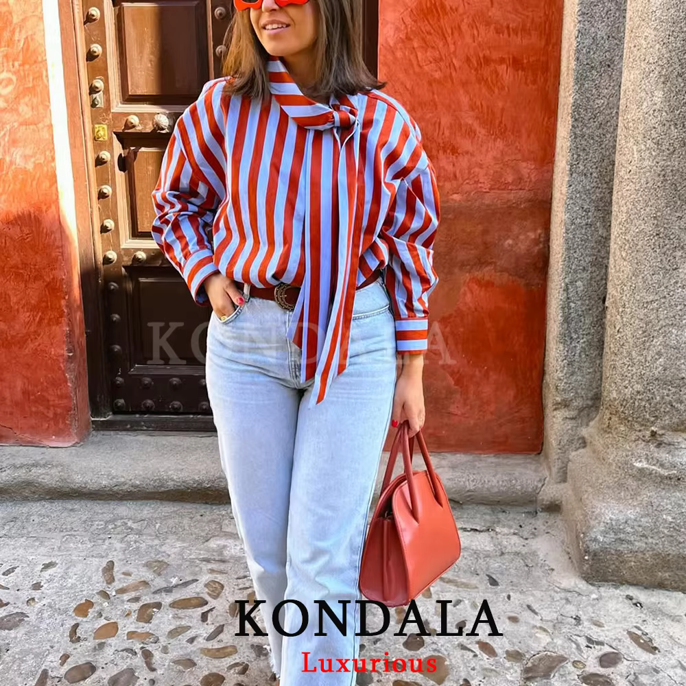 KONDALA Blouse Vintage Femme Rayée Col Rabattu Nœud Manches Longues Boutonnage Simple Mode Printemps