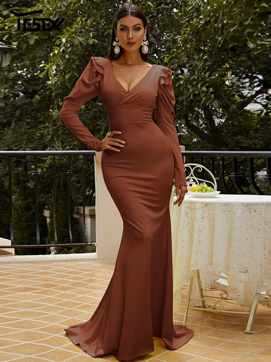 Yesexy-Robe de Rhsirène marron pour femme, manches longues bouffantes, tendance estivale, 2023