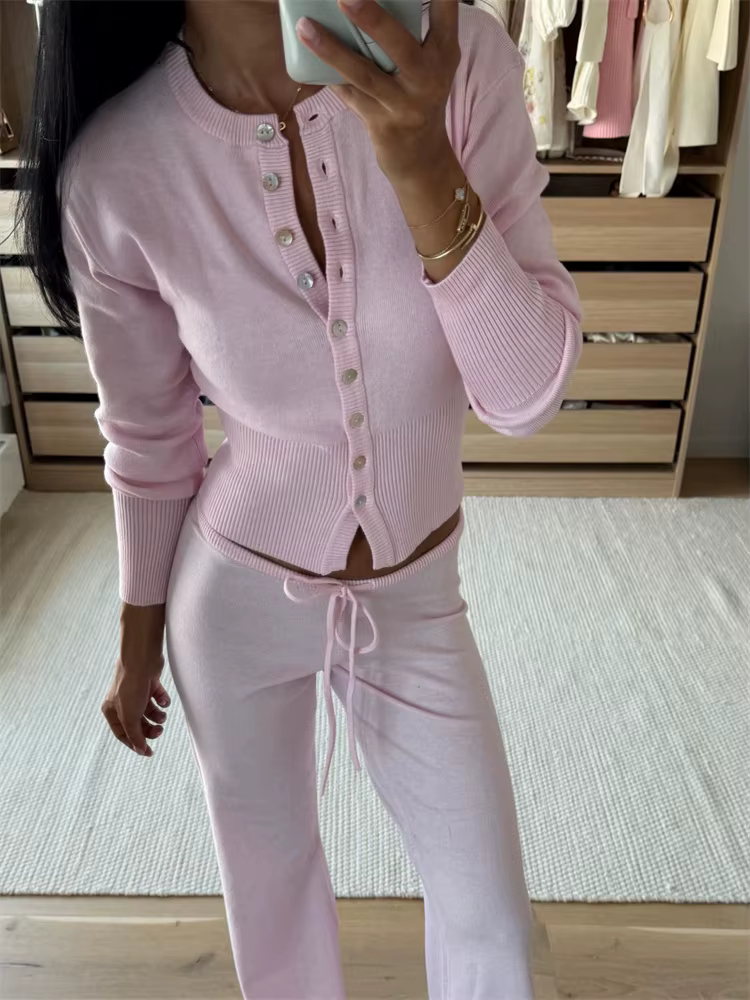 Tossy décontracté tricot femme tenues survêtement à lacets côtelé Cardigan haut et taille haute pant