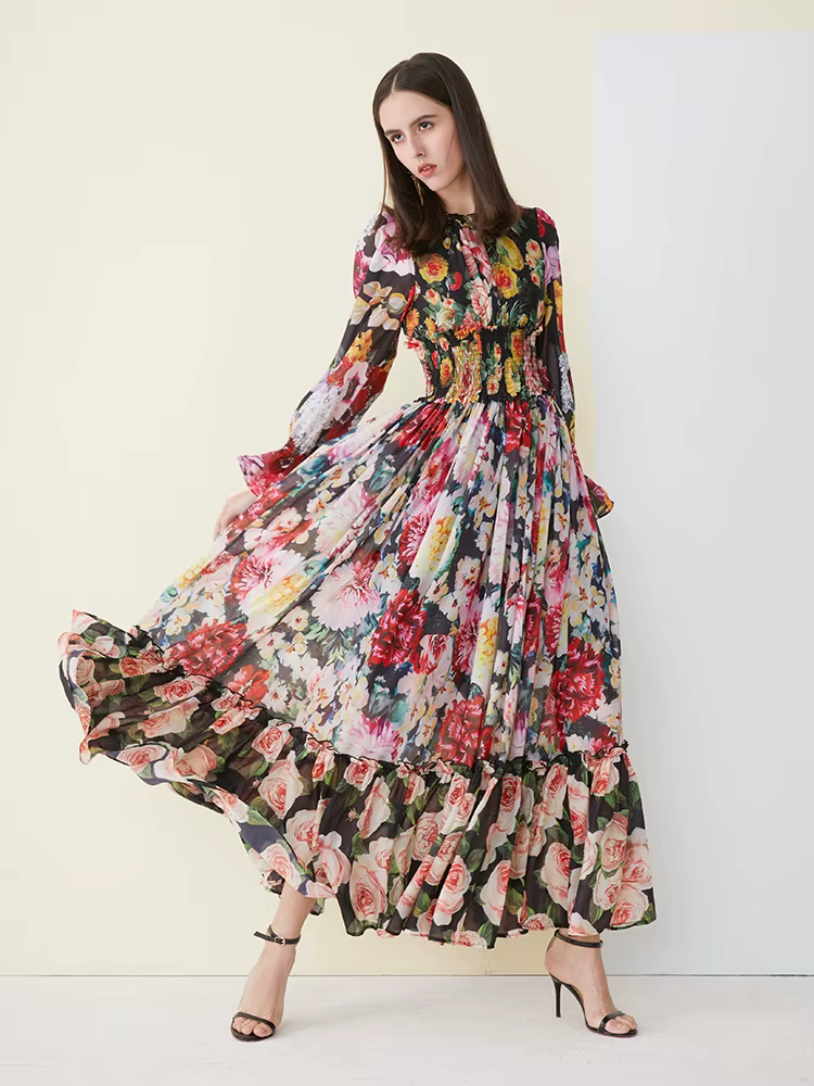 Robe d'été élégante en mousseline de soie pour femmes, imprimé floral, manches longues, col à volant