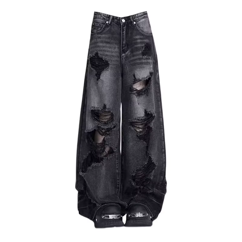 Jean déchiré noir Vintage pour femmes, pantalon à jambes larges, taille haute, droit, Baggy, Y2k