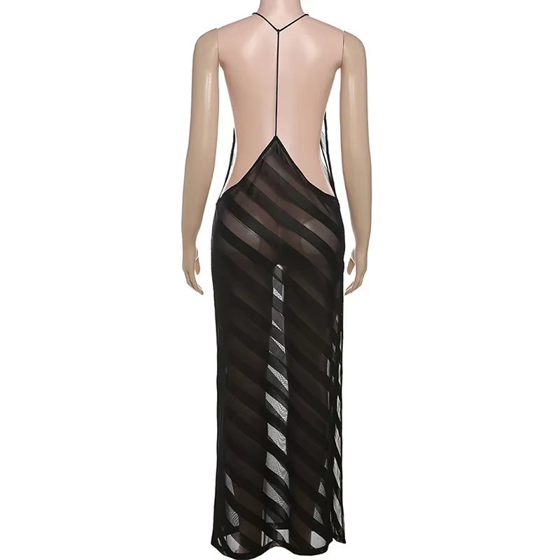 Maille voir à travers Sexy licou fête Club Maxi robe fendue tenues femmes été sans manches dos nu mo