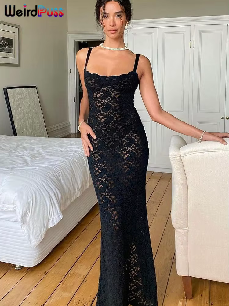 Bizarre chat dentelle noir femmes robe Maxi voir à travers sans manches dames Sexy Coquette discothè
