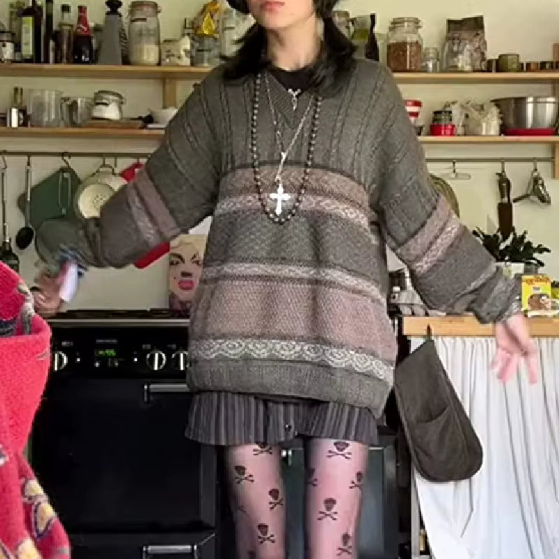 Dourbesty-Pull rayé à manches longues et col rond pour femmes, Pull de style preppy, Tricots grunge