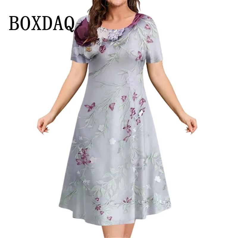 Robes vintage à imprimé floral 3D pour femmes, pull décontracté à manches courtes, robes grande tail