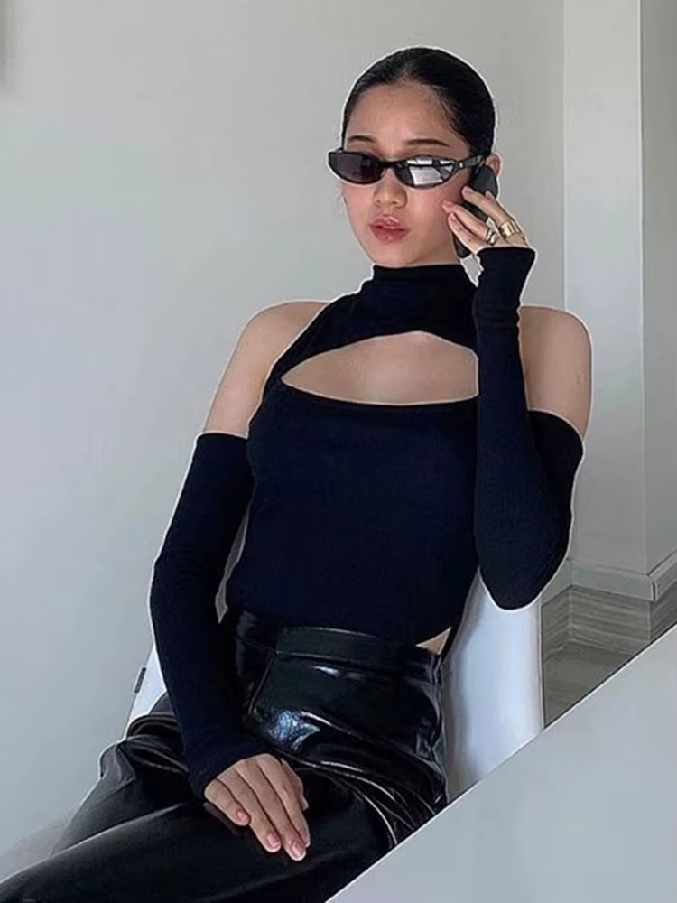 Barboteuse noire sexy ajourée pour femmes, costume de batterie Harajuku, streetwear ouvert, pulls de