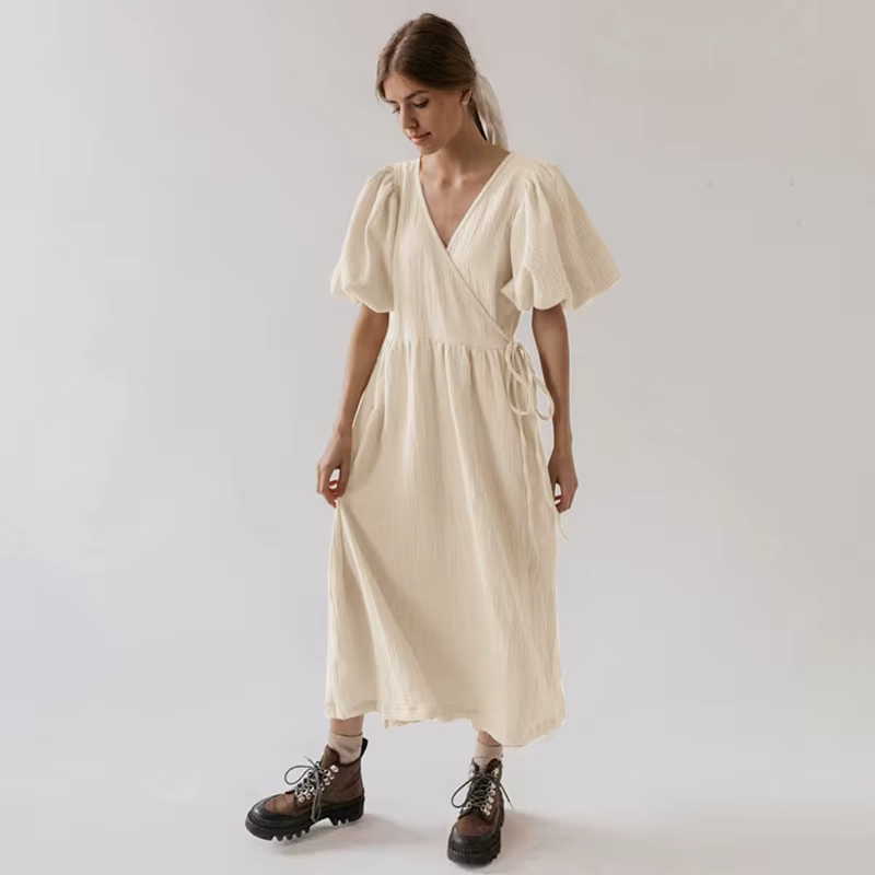 Robe longue vintage à manches bouffantes pour femme, mousseline, pansement, gaze, col en V, bandage,