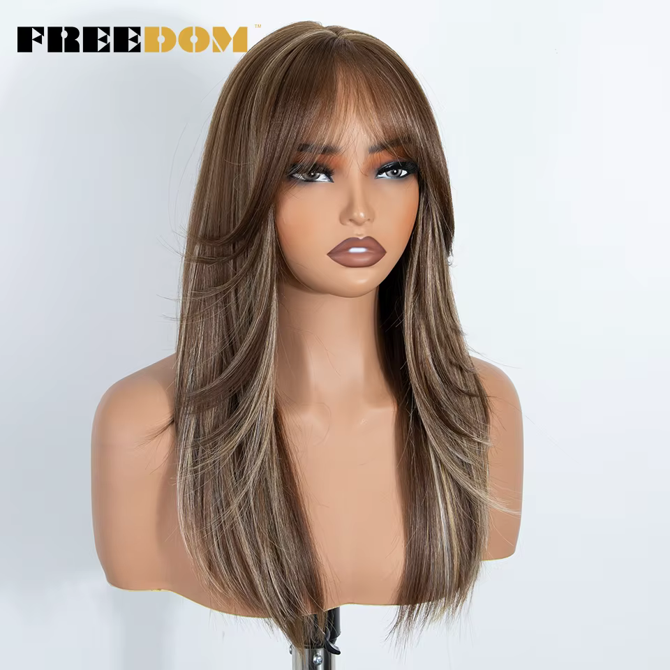 Perruque synthétique FREEDOM à franges droites avec frange, 20 pouces, ombré brun blond, pré-coupée,