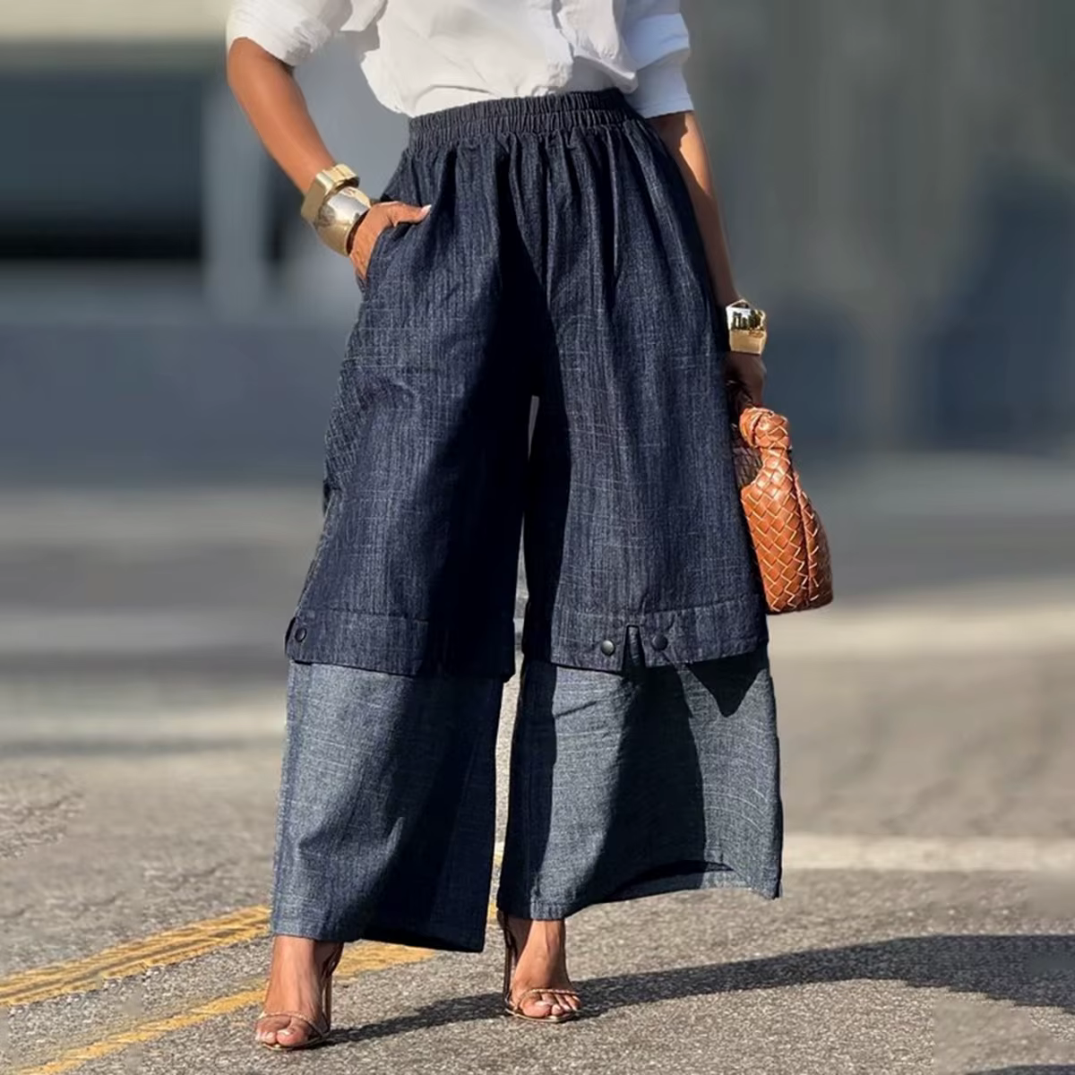 UOOZEE urbain femme Streetwear couches Denim pantalon à jambes larges ample élastique taille haute p