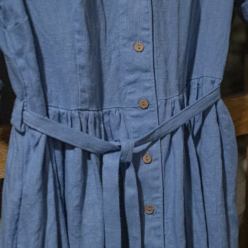 Robe longue rétro en coton et lin pour femme, col en V, manches courtes, boutons, couleur unie, stre