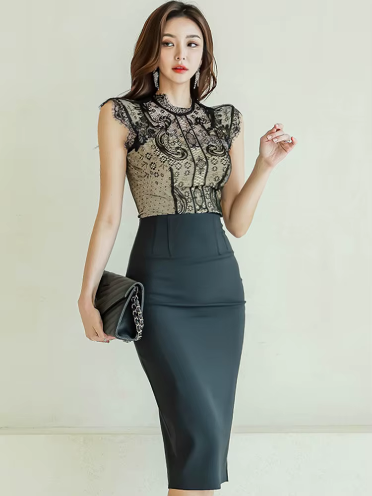 Robe en dentelle noire pour femme, tenue de bureau élégante, version coréenne, col montant, taille h