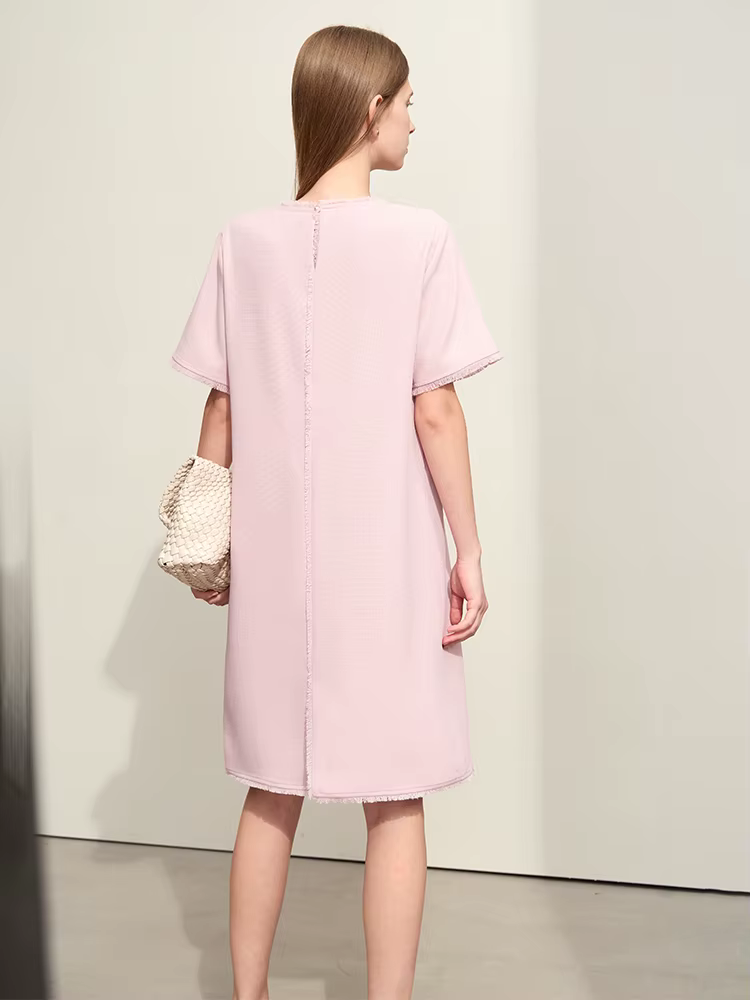 Amii-Robe mi-longue droite à manches courtes pour femmes, robes minimalistes, pompon épissé, léger, 
