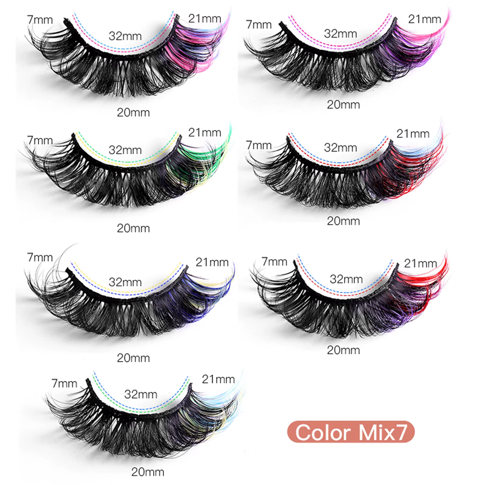7 paires de cils colorés moelleux Faux cils de vison avec couleur, Volume de boucle D dramatique Lon
