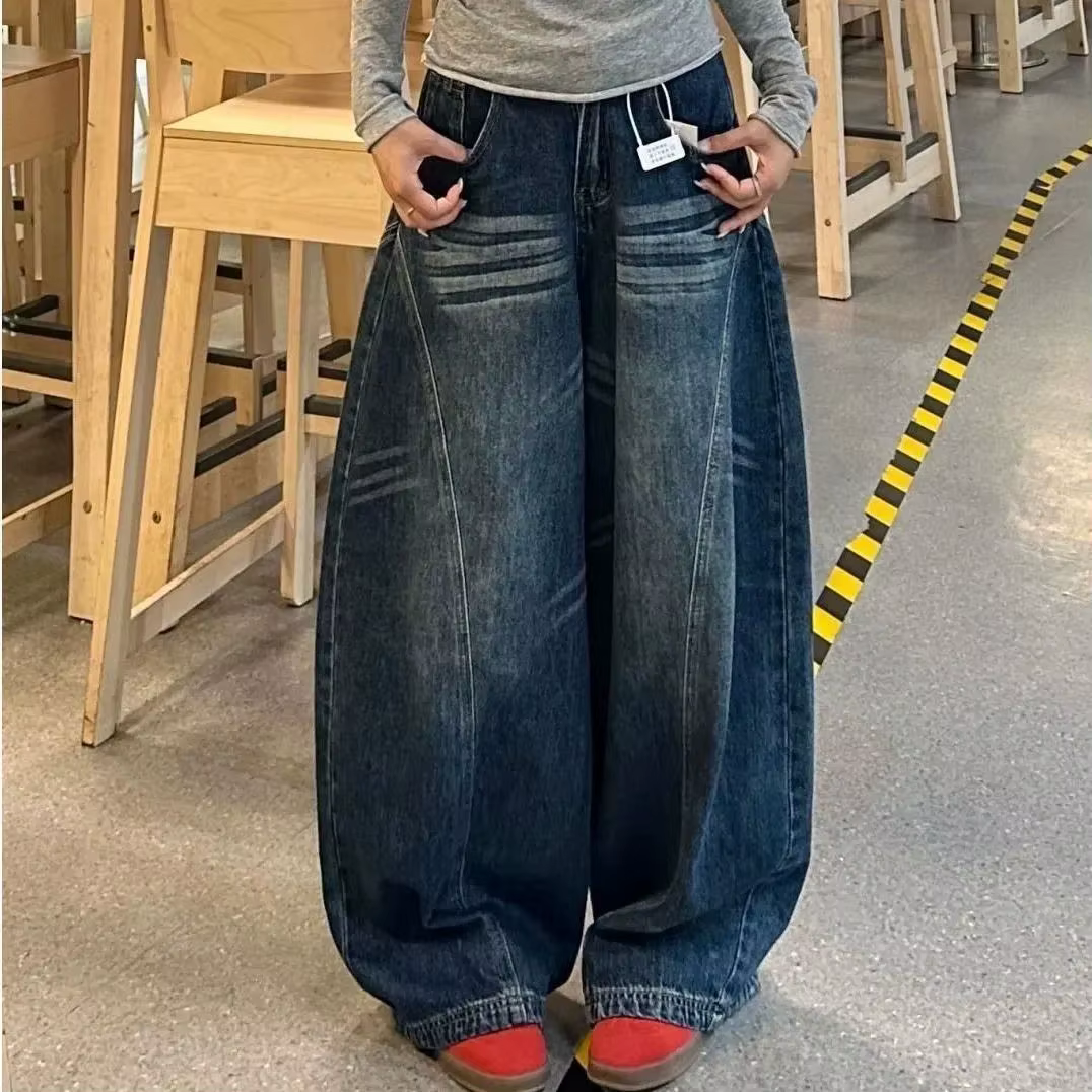 Jeans amples décontractés pour femmes Y2K, bleu délavé, style vintage, pantalon cargo à jambes large
