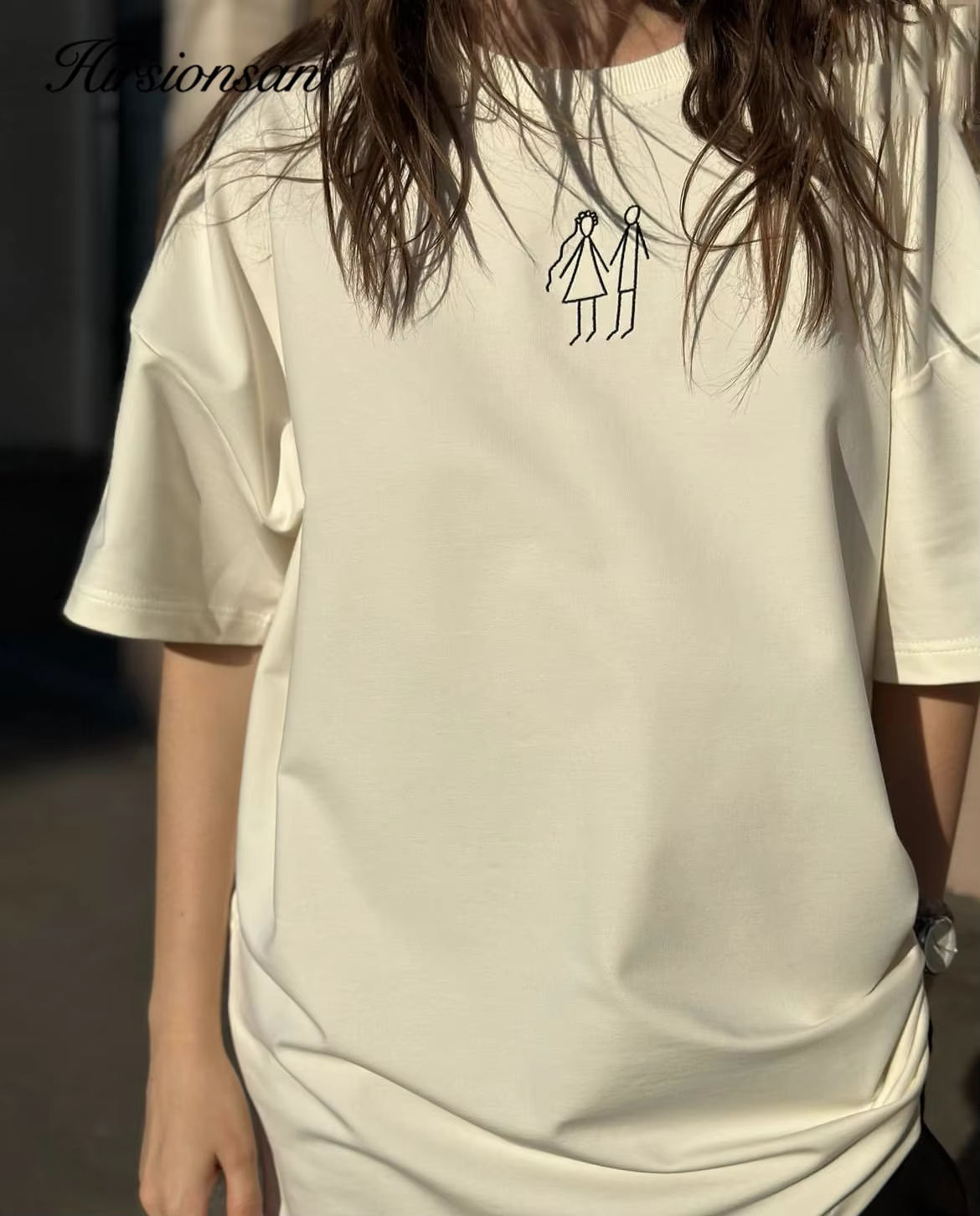 Hirsionsan-T-shirt imprimé graffiti minimaliste pour femme, col rond, coton doux, vêtements décontra