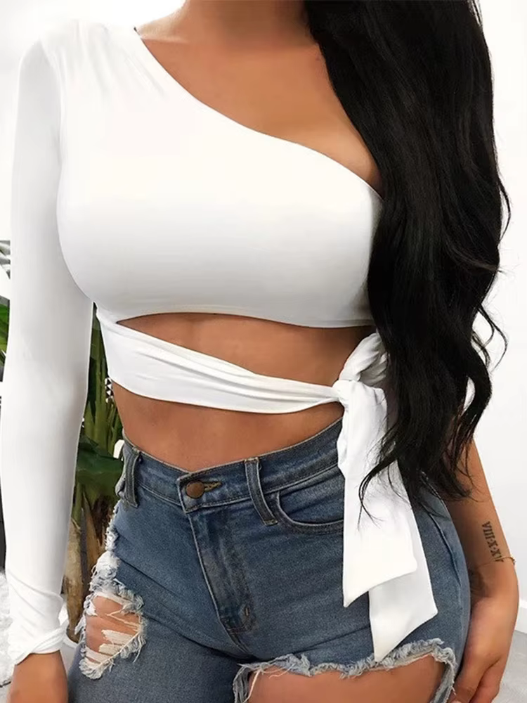 Femmes dame bandage mince t-shirt hauts à manches longues une épaule nœud papillon élastique solide 