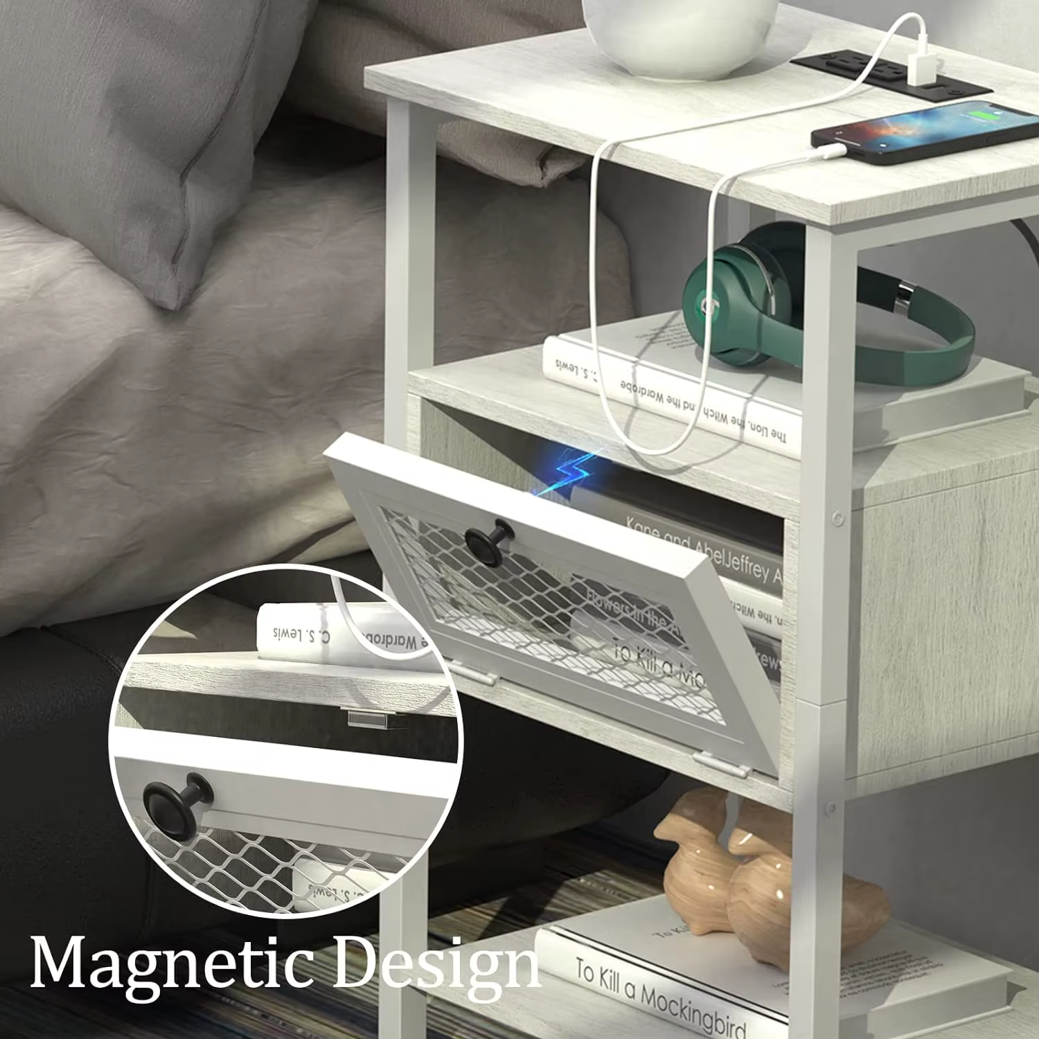 Ensemble de table de chevet avec station de charge, rangement à rabat, table de chevet pour chambre 