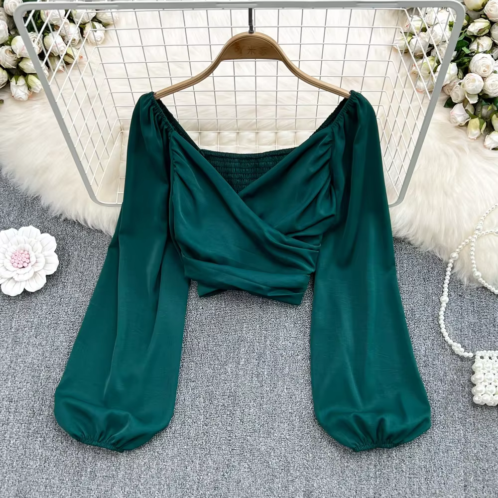 Chemisier slim croisé à manches longues bouffantes pour femmes, haut court plissé, chemise sexy, vêt