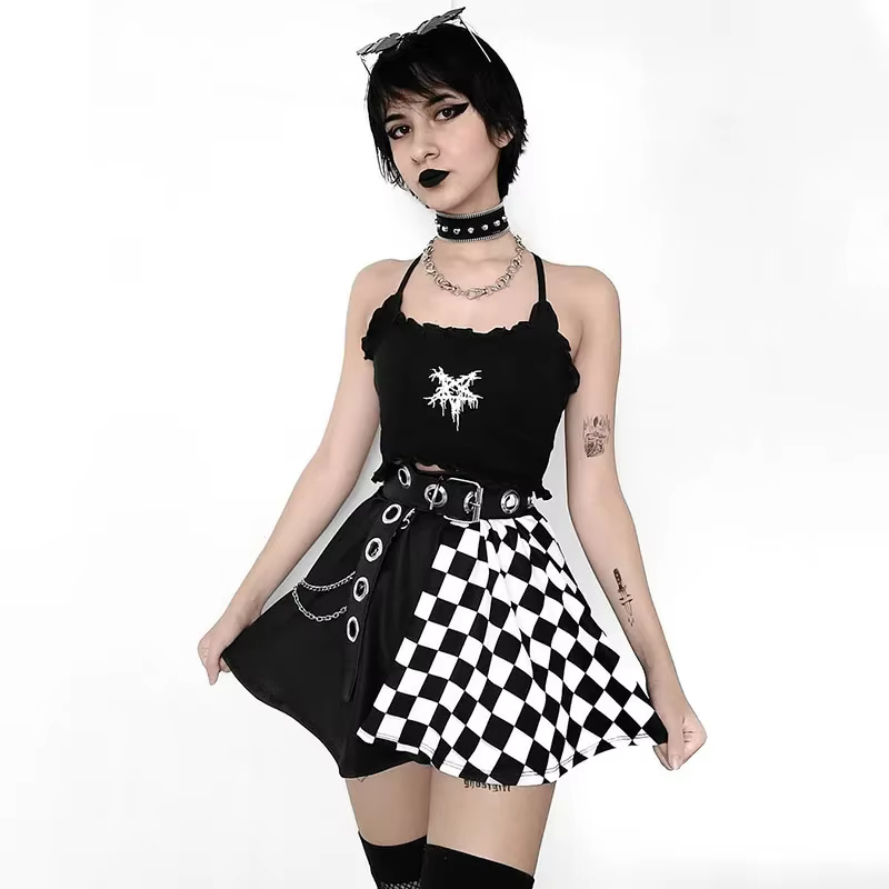 Jupe gothique sexy taille haute pour fille noire, jupe Harajuku Y2k, abonnés à la couture à carreaux