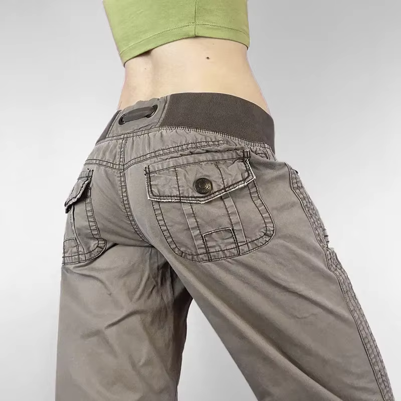 Pantalon rétro à lacets taille basse pour femme, streetwear, patchwork, décontracté, Harajuku, droit