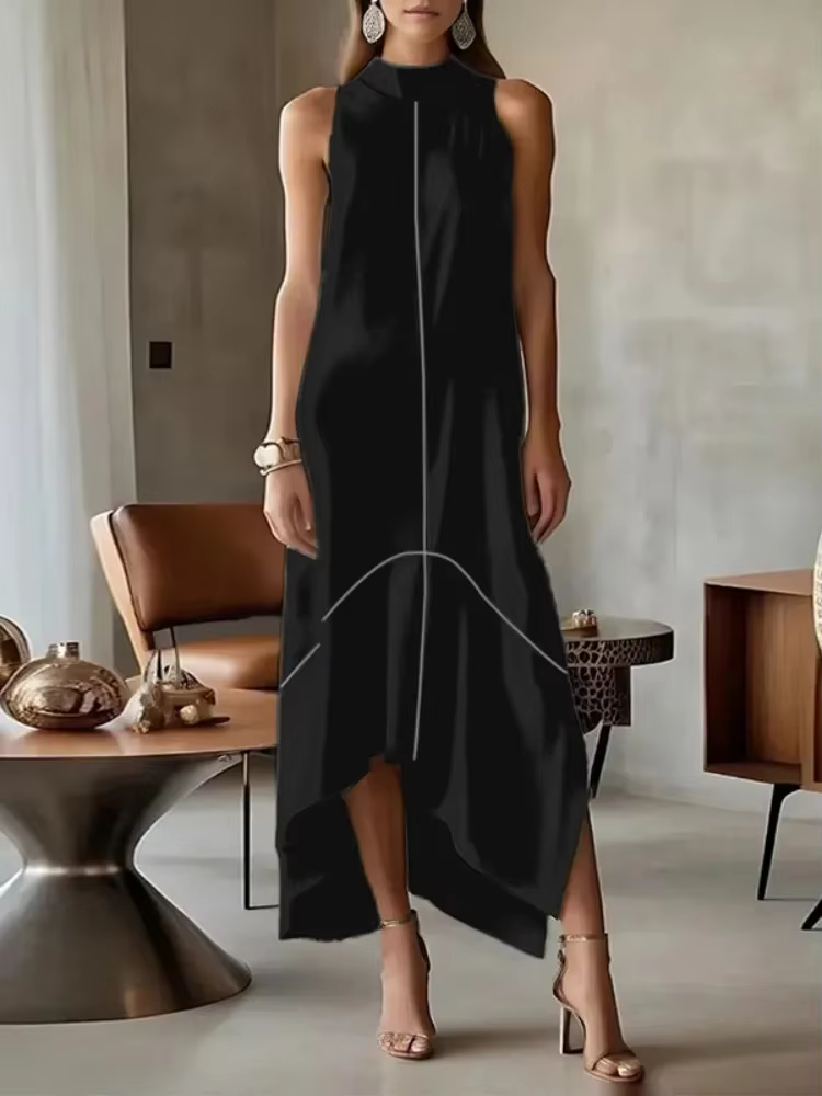UOOZEE 2025 nouveau bureau urbain femme formel col haut Maxi robes sans manches asymétrique élégant 