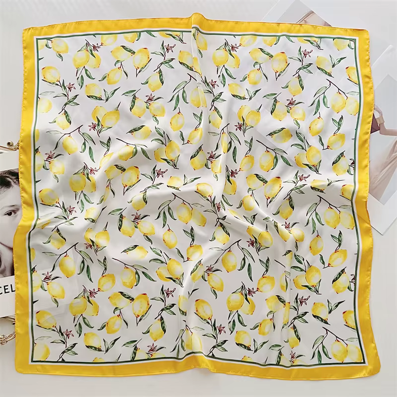70cm carré citron imprimé jaune carré foulard en soie décontracté élégant mince respirant cou femmes